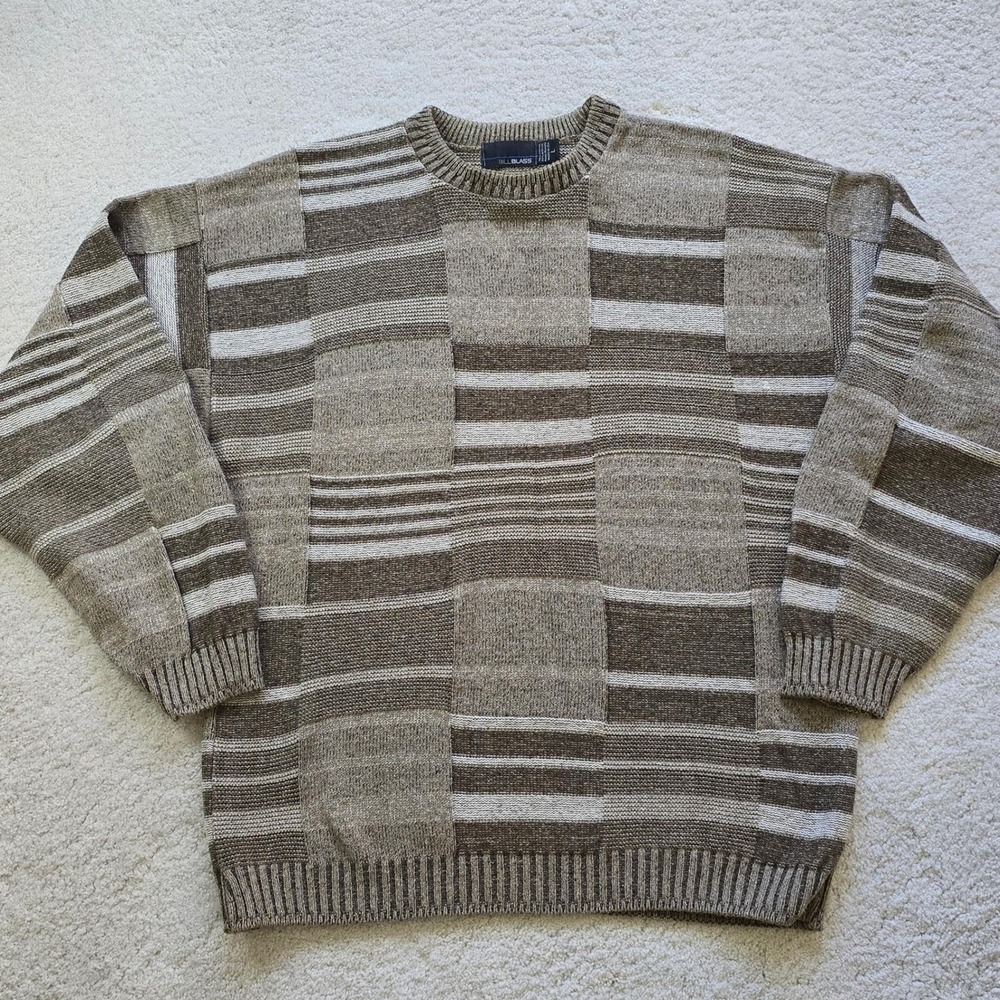 Vintage Bill Blass Men's Patchwork Stripe Sweater Size L‎ Made in USA Brown Tan